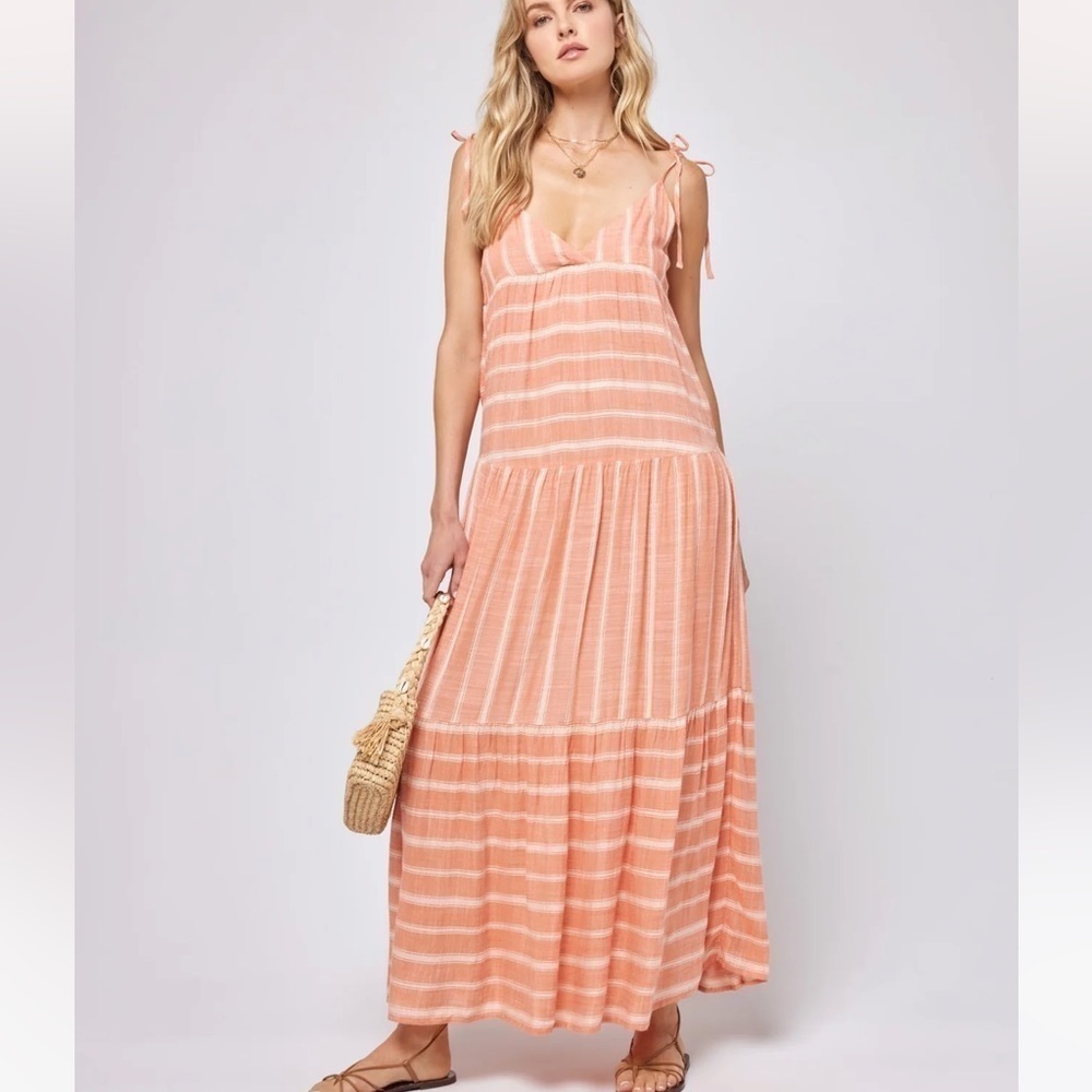 L*Space Beachy Boho Euro Country Summer Ava Tiered Maxi Sun Dress Stripe Clay S